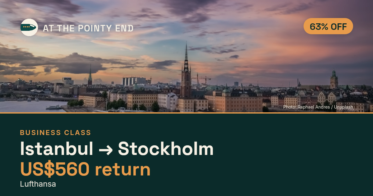 Business return to Stockholm from US$560, about 63% off. Checked against live availability.