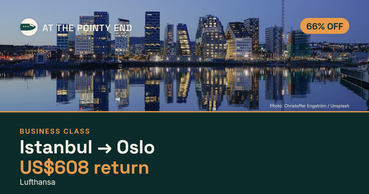 Business return to Oslo from US$608, about 66% off. Checked against live availability.