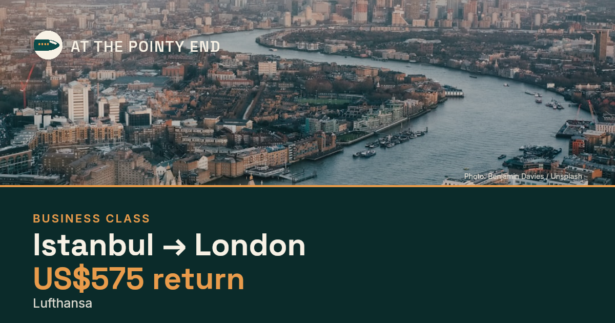 Business return to London from US$575, well below typical. Checked against live availability.