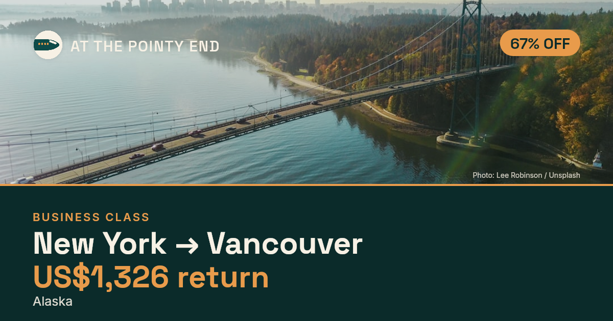 Business return to Vancouver from US$1,326, about 67% off. Checked against live availability.