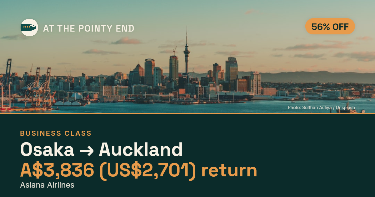 EXPIRED: Business return to Auckland was US$2,701. The links inside still show today's best fares.