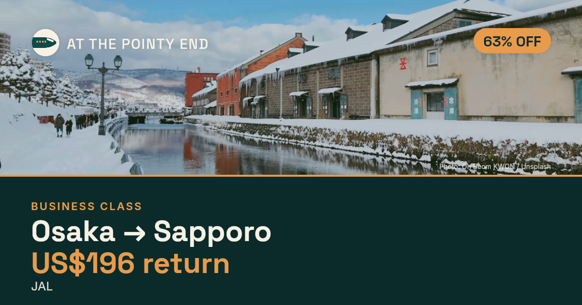 Business return to Sapporo from US$196, about 63% off. Checked against live availability.