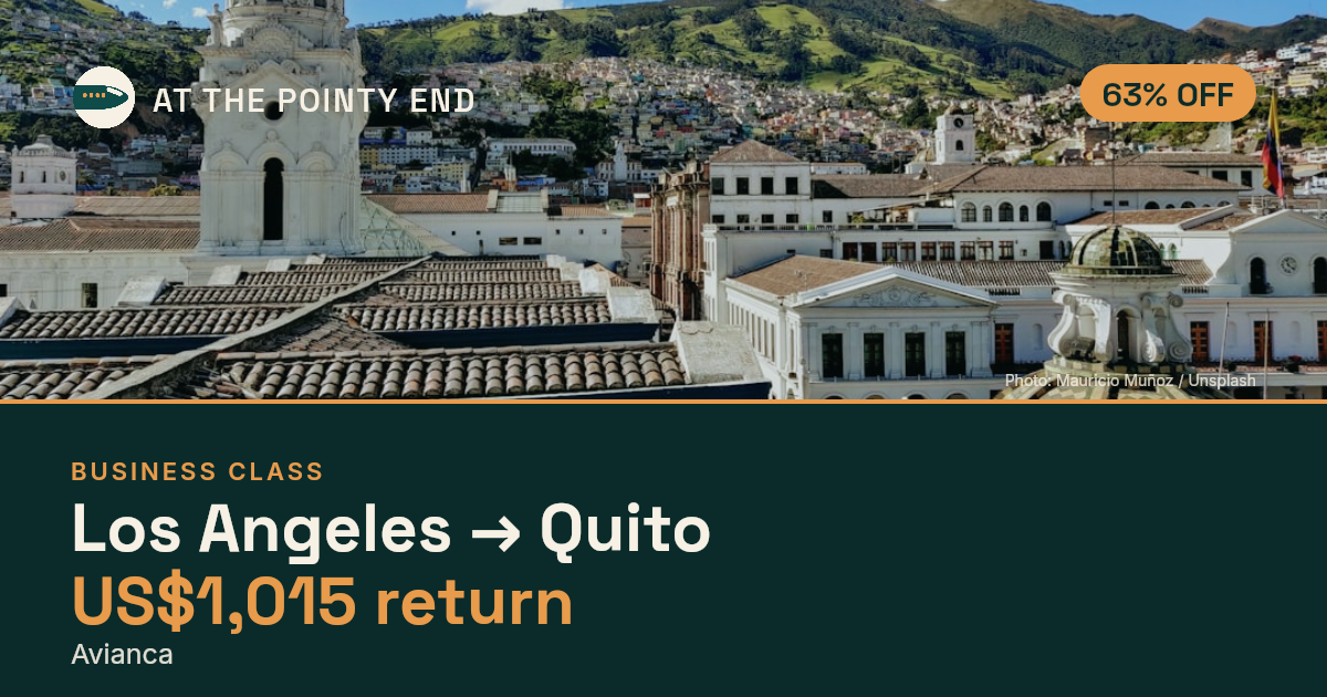 Business return to Quito from US$1,015, about 63% off. Checked against live availability.