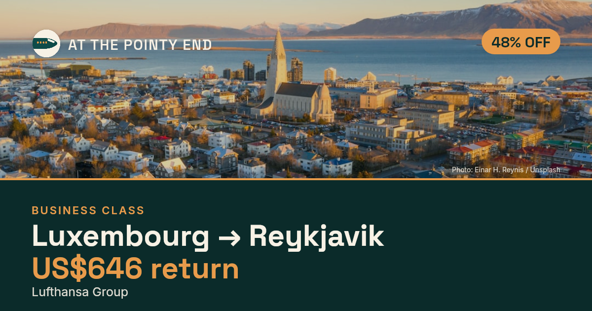 Business return to Reykjavik from US$646, about 48% off. Checked against live availability.