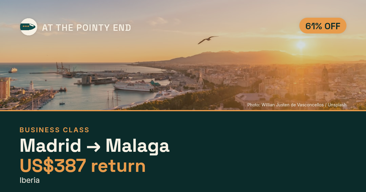 Business return to Malaga from US$387, about 61% off. Checked against live availability.