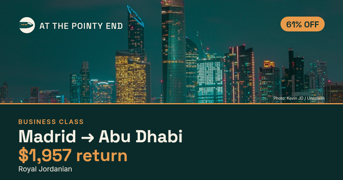 Business return to Abu Dhabi from US$1,957, about 61% off. Checked against live availability.
