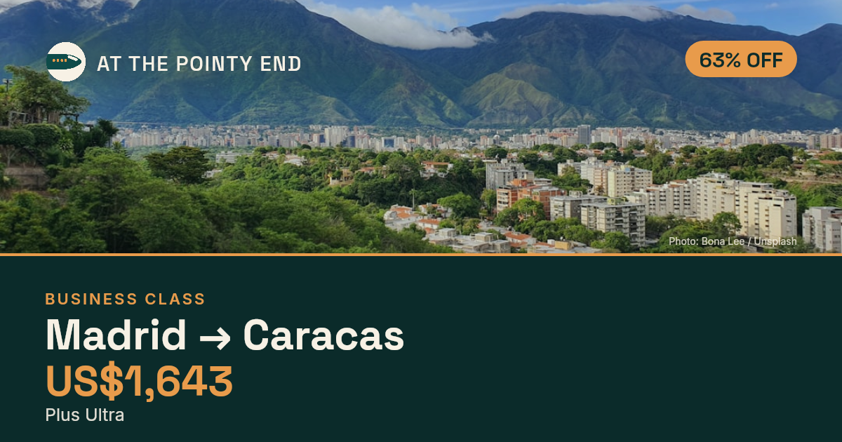 Business one-way to Caracas from US$1,643, about 63% off. Checked against live availability.