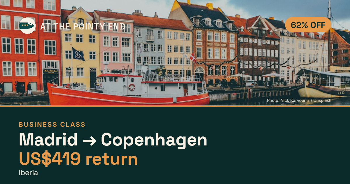 Business return to Copenhagen from US$419, about 62% off. Checked against live availability.