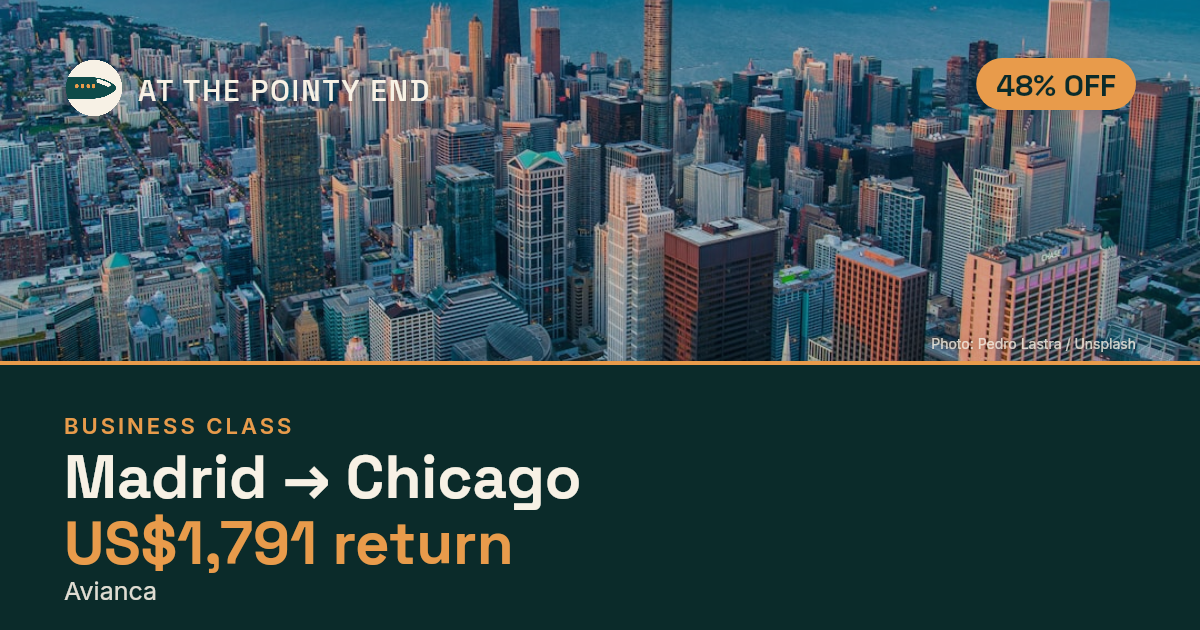 Business return to Chicago from US$1,791, about 48% off. Checked against live availability.