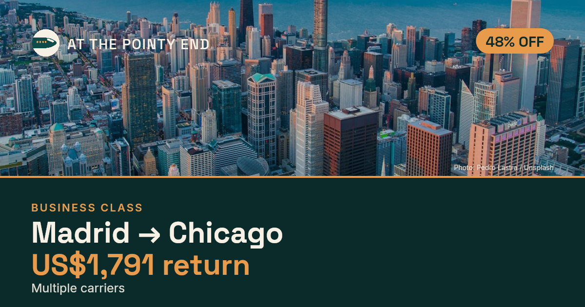 Business return to Chicago from US$1,791, about 48% off. Checked against live availability.