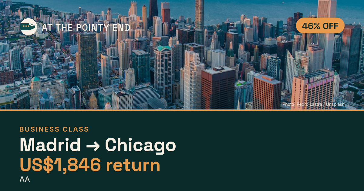 Business return to Chicago from US$1,846, about 46% off. Checked against live availability.