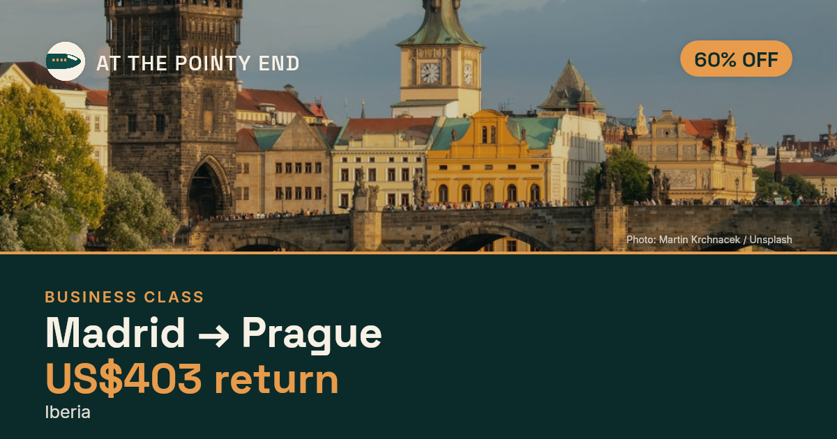 Business return to Prague from US$403, about 60% off. Checked against live availability.