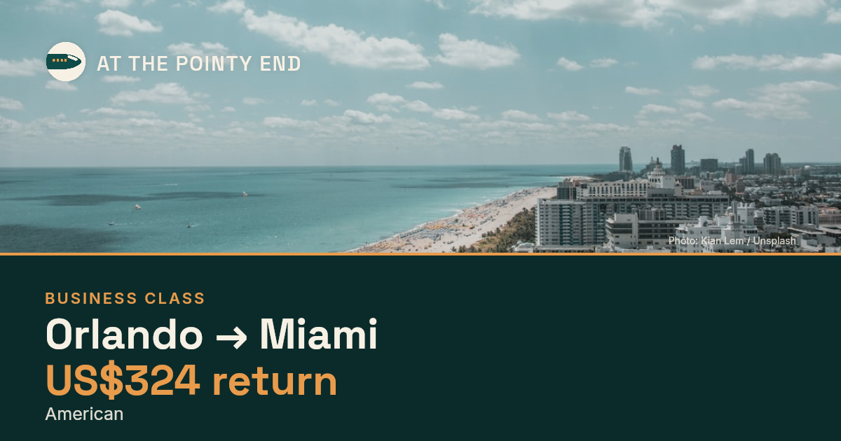 Business return to Miami from US$324, well below typical. Checked against live availability.