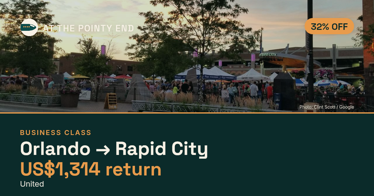 Business return to Rapid City from US$1,314, about 32% off. Checked against live availability.