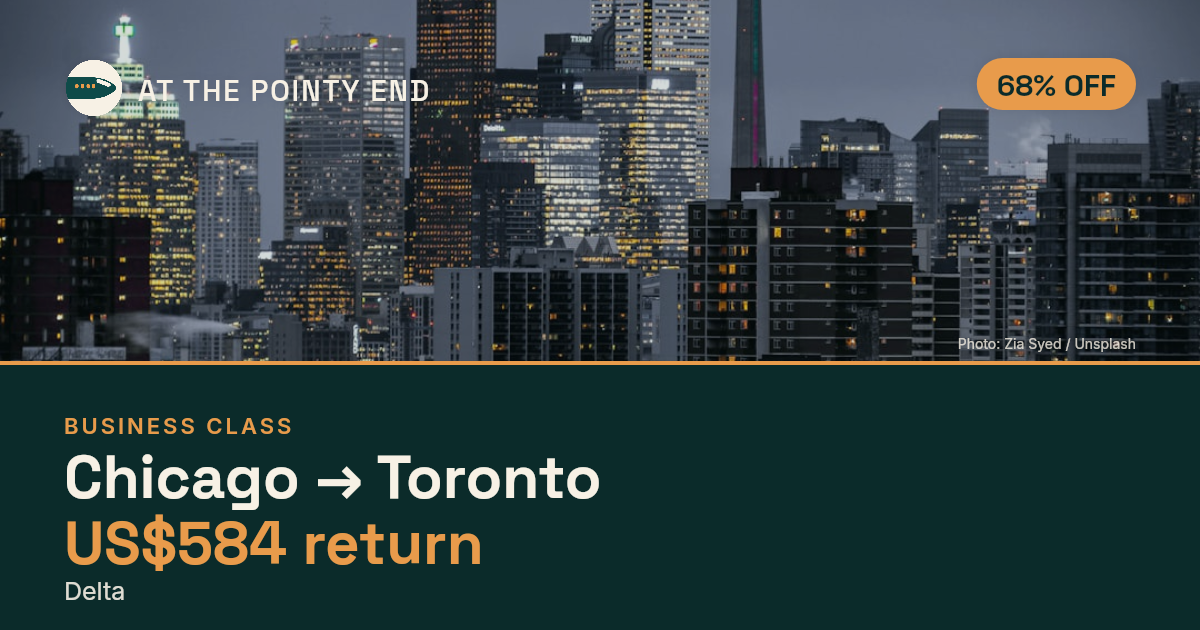 Business return to Toronto from US$584, about 68% off. Checked against live availability.