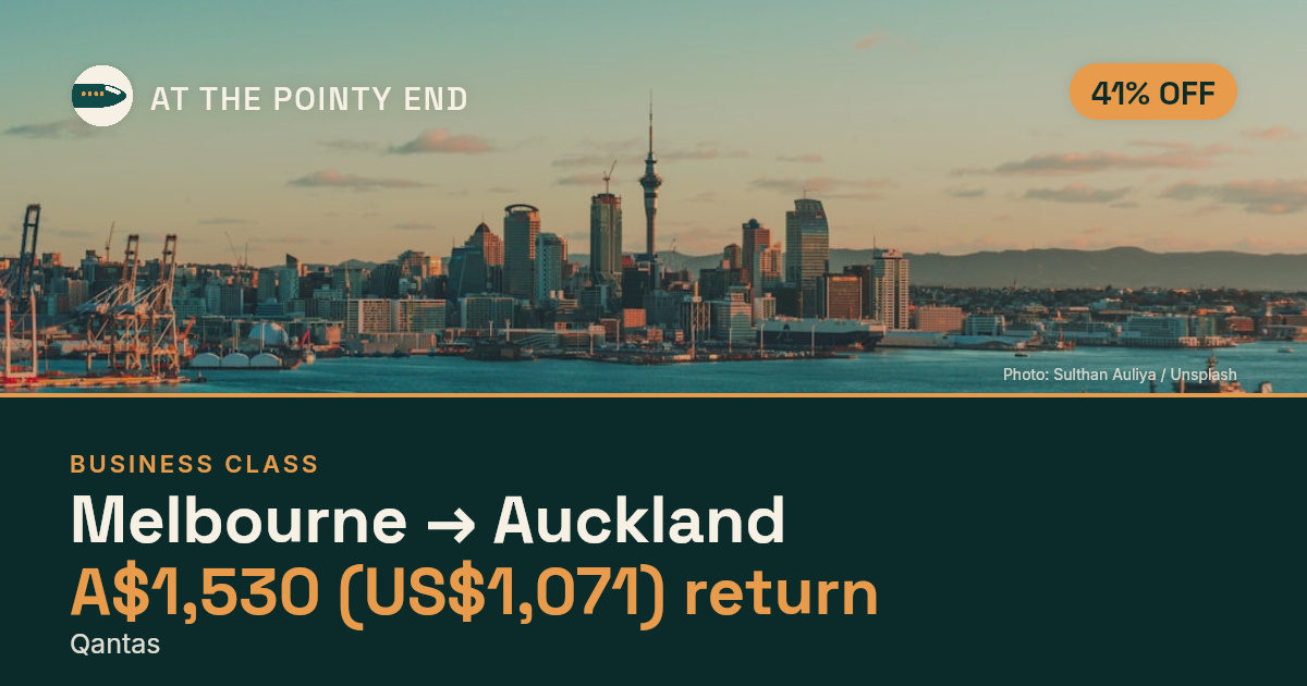 Business return to Auckland from US$1,071, about 41% off. Checked against live availability.
