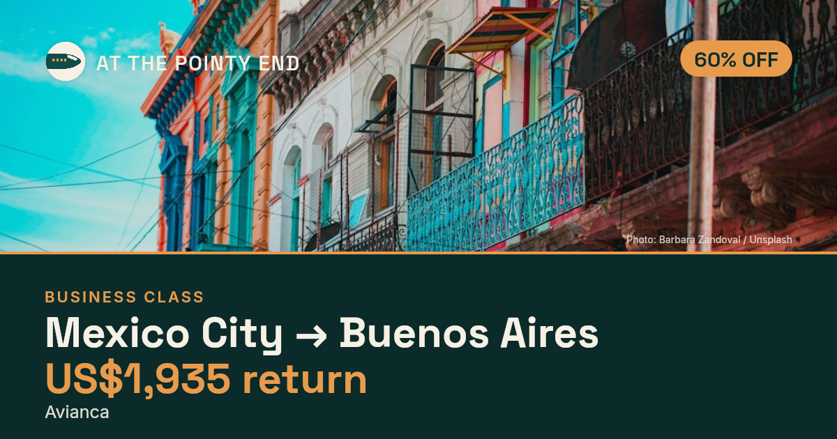 Business return to Buenos Aires from US$1,935, about 60% off. Checked against live availability.