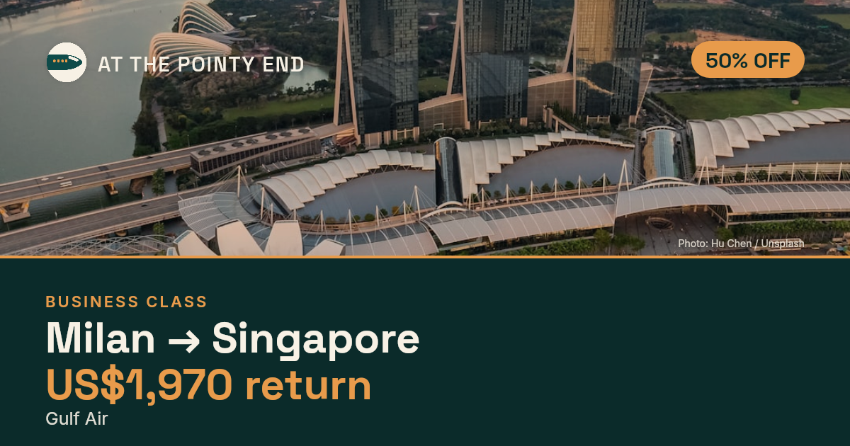 Business return to Singapore from US$1,970, about 50% off. Checked against live availability.
