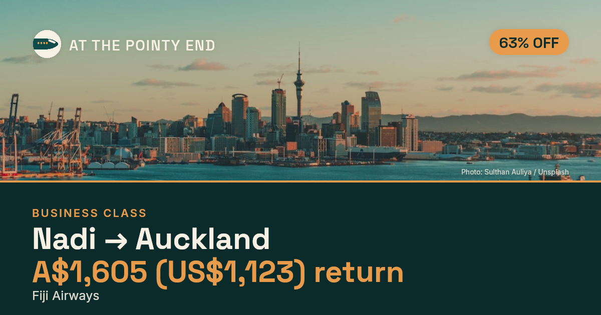 Business return to Auckland from US$1,123, about 63% off. Checked against live availability.
