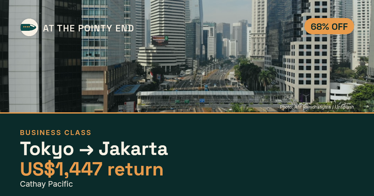 Business return to Jakarta from US$1,447, about 68% off. Checked against live availability.