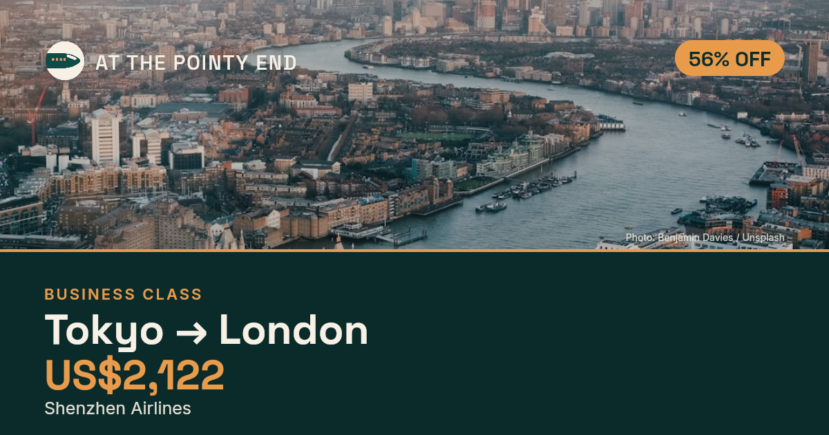 Business one-way to London from US$2,122, about 56% off. Checked against live availability.
