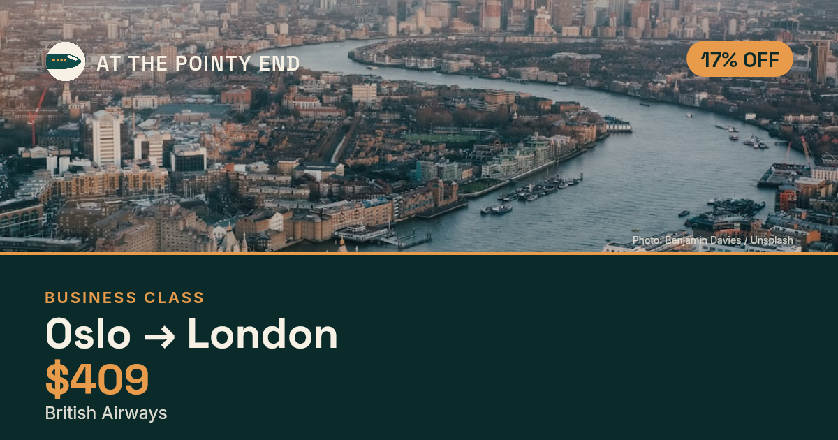 Business one-way to London from US$409, about 17% off. Checked against live availability.