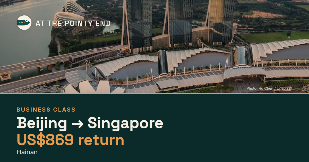 Business return to Singapore from US$869, well below typical. Checked against live availability.
