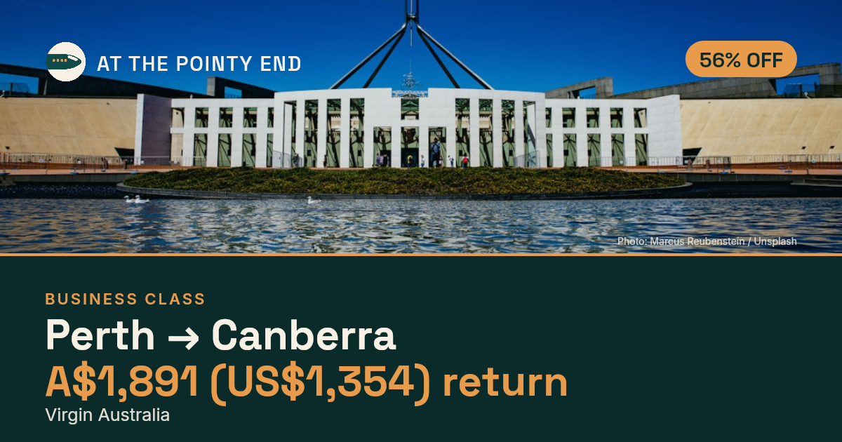 Business return to Canberra from US$1,354, about 56% off. Checked against live availability.