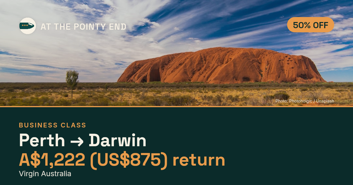 Business return to Darwin from US$875, about 50% off. Checked against live availability.