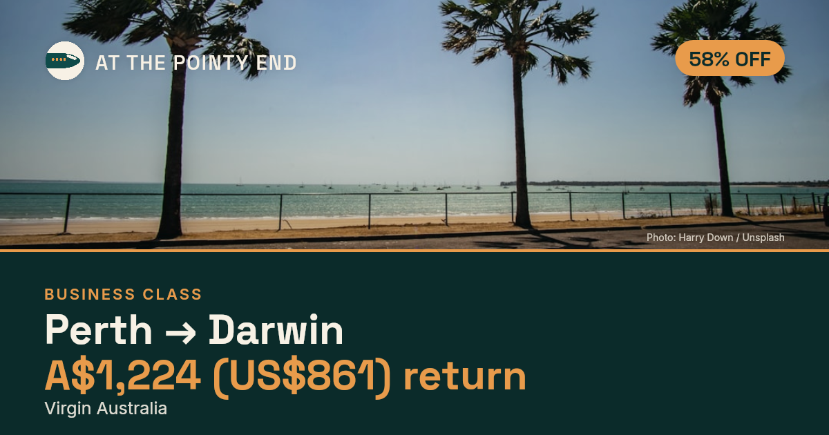 Business return to Darwin from US$861, about 58% off. Checked against live availability.
