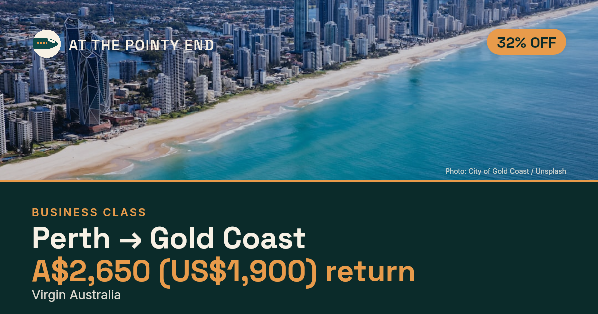 Business return to Gold Coast from US$1,900, about 32% off. Checked against live availability.