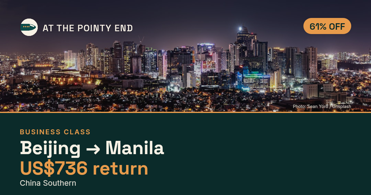 Business return to Manila from US$736, about 61% off. Checked against live availability.