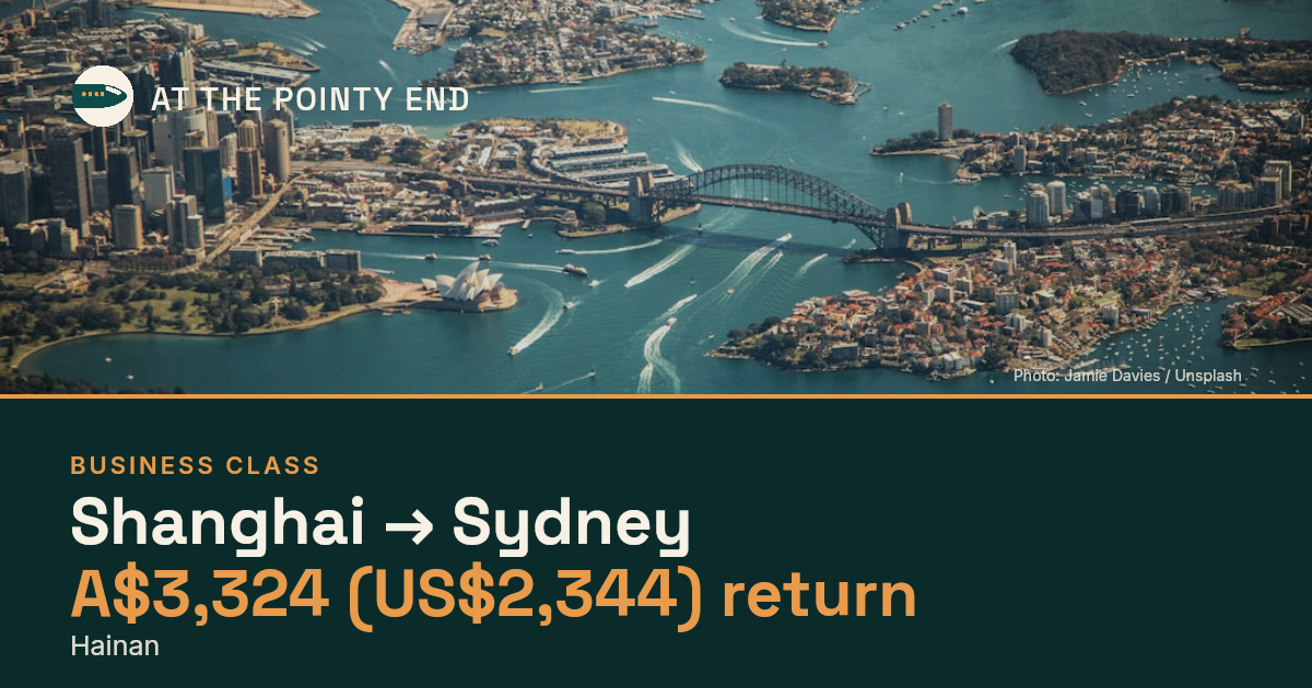 Business return to Sydney from US$2,344, well below typical. Checked against live availability.