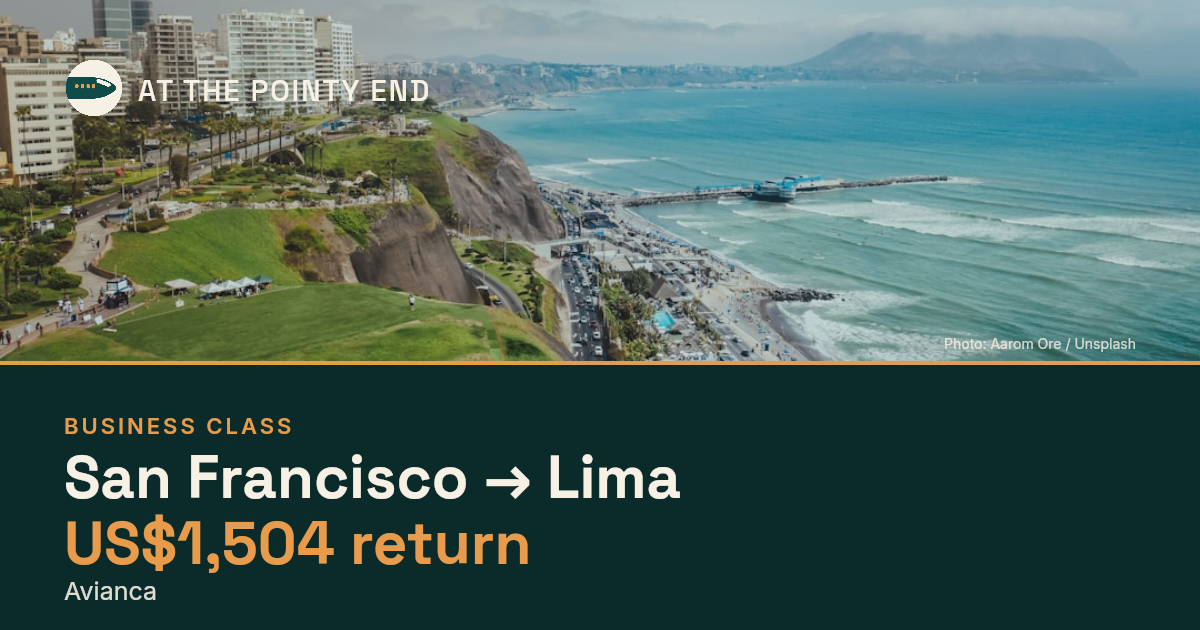 Business return to Lima from US$1,504, well below typical. Checked against live availability.