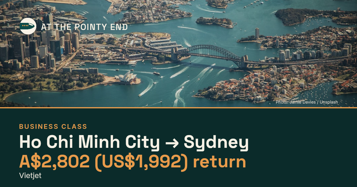 Business return to Sydney from US$1,992, well below typical. Checked against live availability.