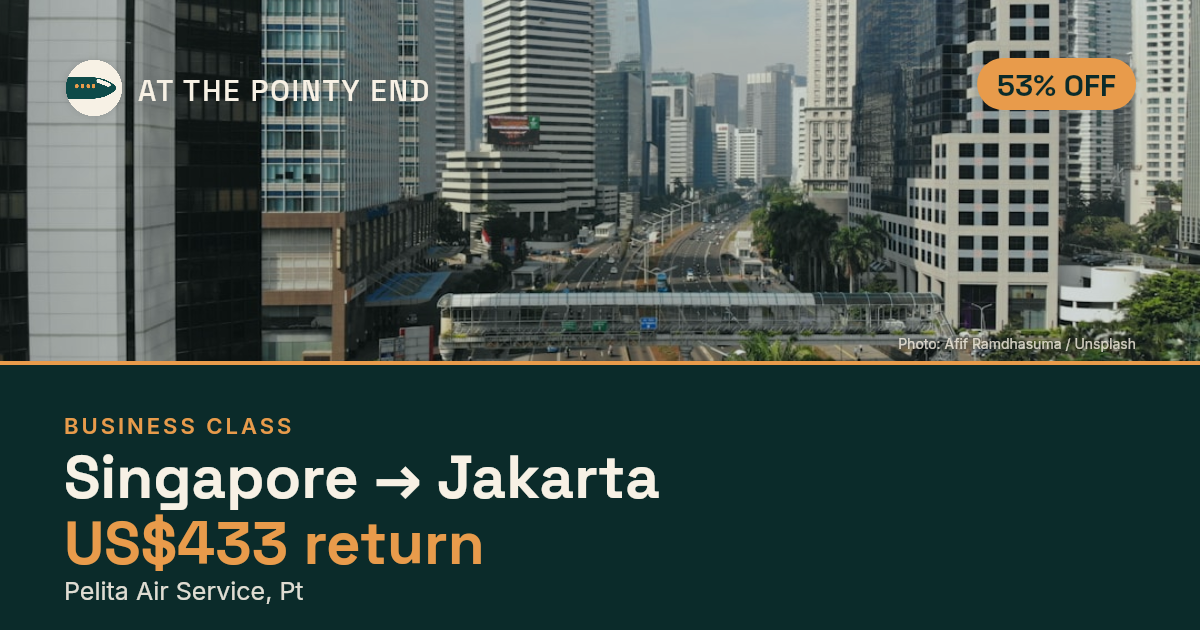 Business return to Jakarta from US$433, about 53% off. Checked against live availability.