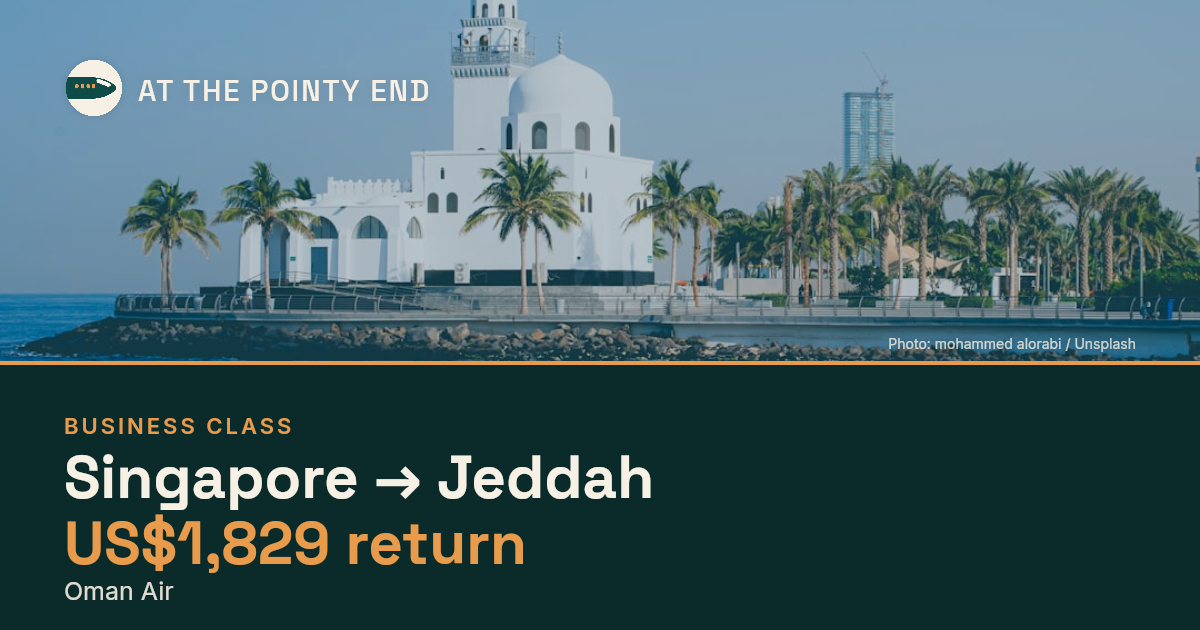 Business return to Jeddah from US$1,829, well below typical. Checked against live availability.