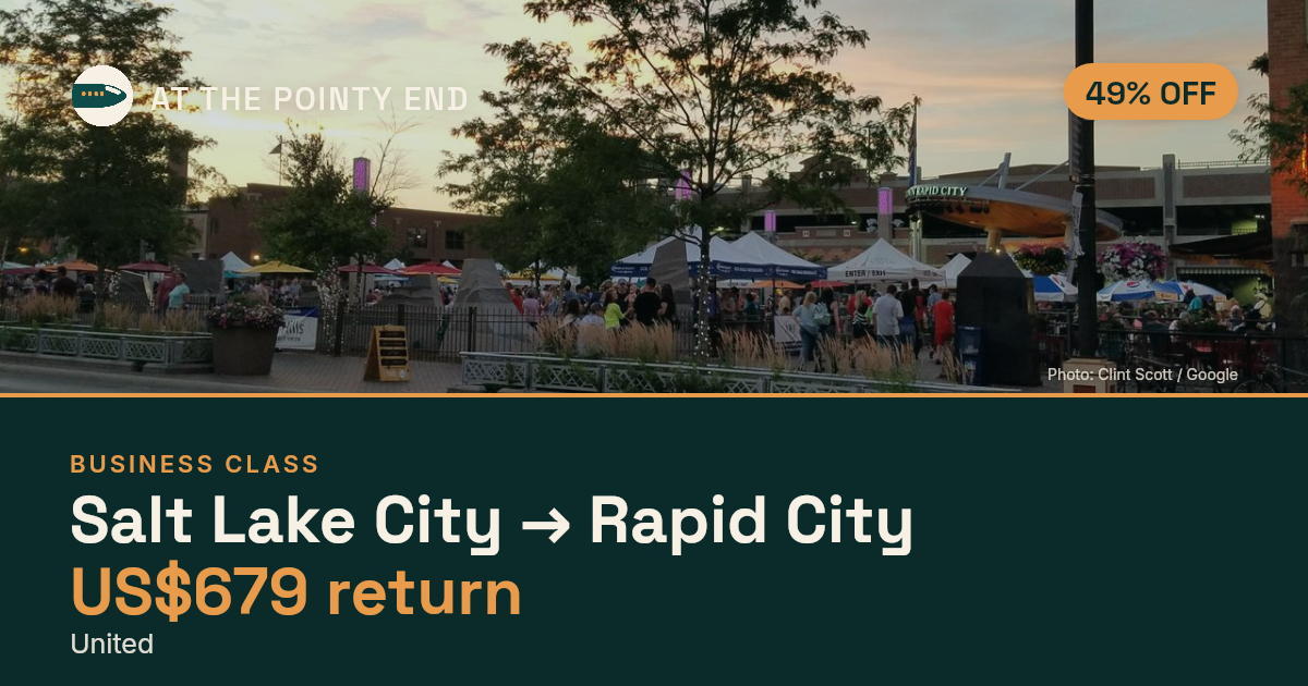Business return to Rapid City from US$679, about 49% off. Checked against live availability.
