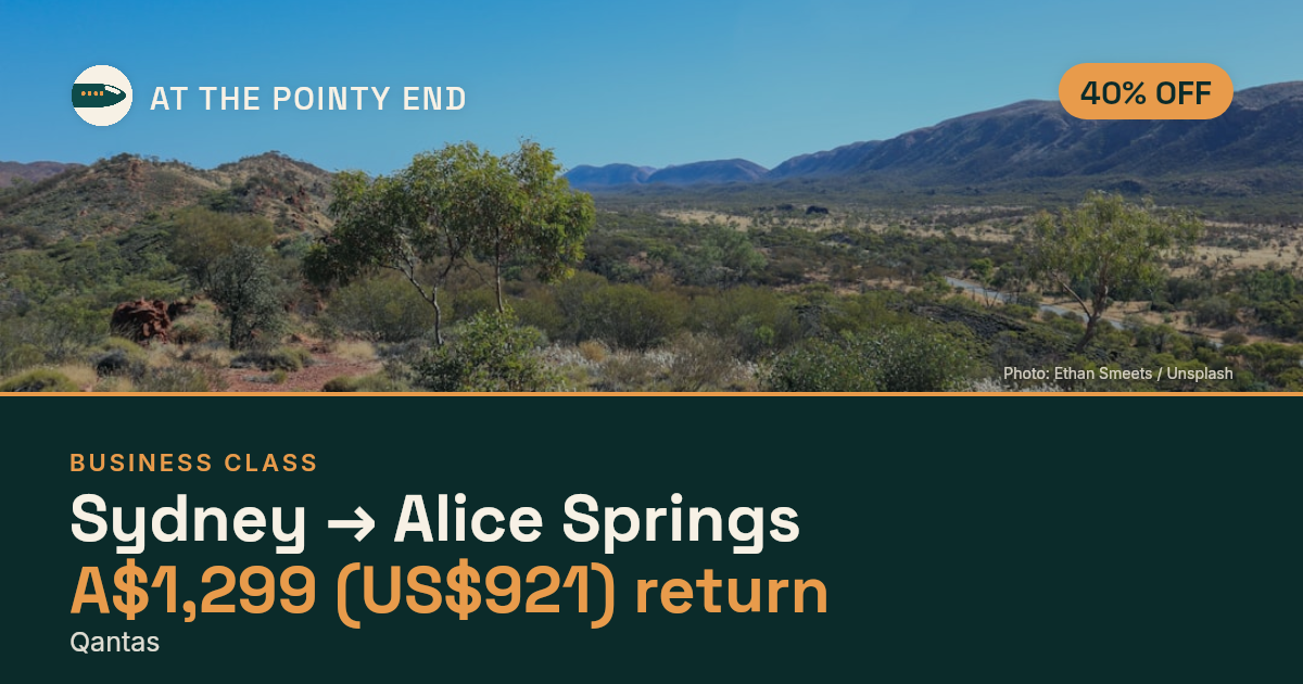 Business return to Alice Springs from US$921, about 40% off. Checked against live availability.