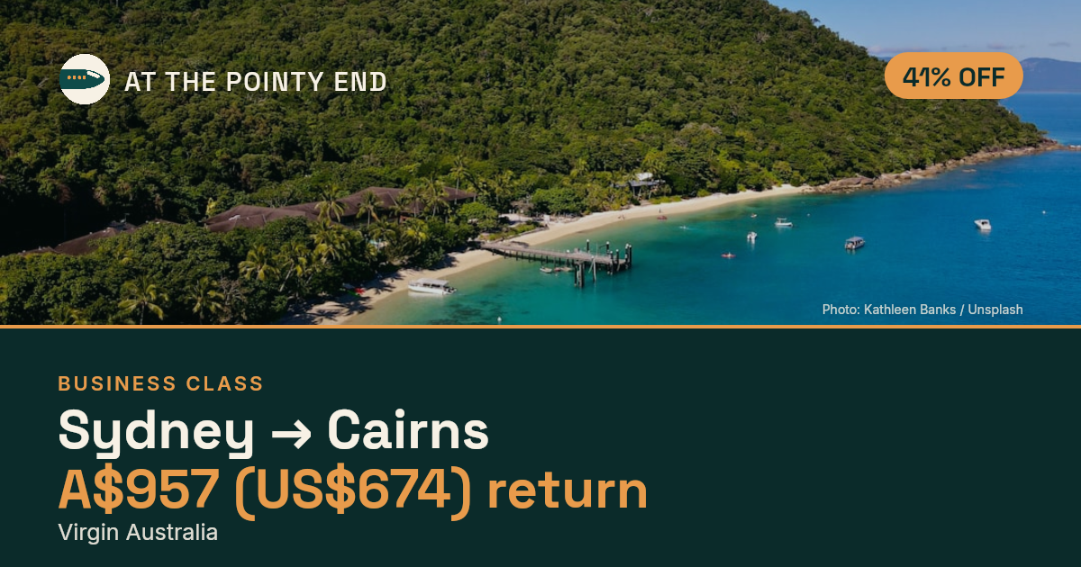 Business return to Cairns from US$674, about 41% off. Checked against live availability.
