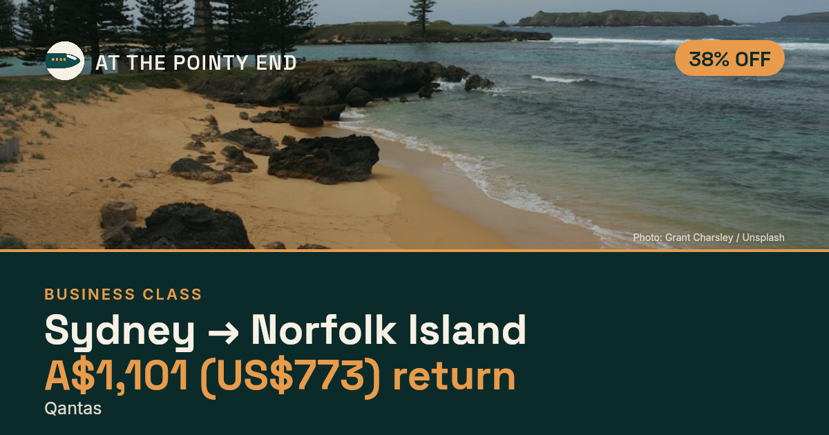 Business return to Norfolk Island from US$773, about 38% off. Checked against live availability.