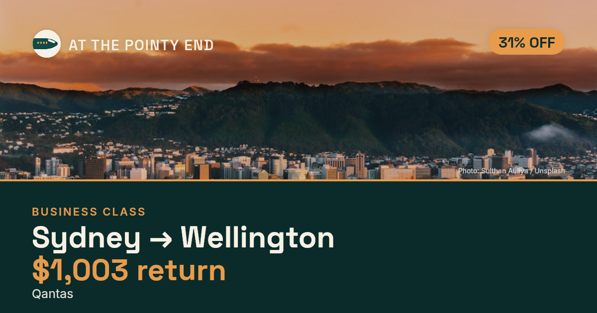 Business return to Wellington from US$1,003, about 31% off. Checked against live availability.