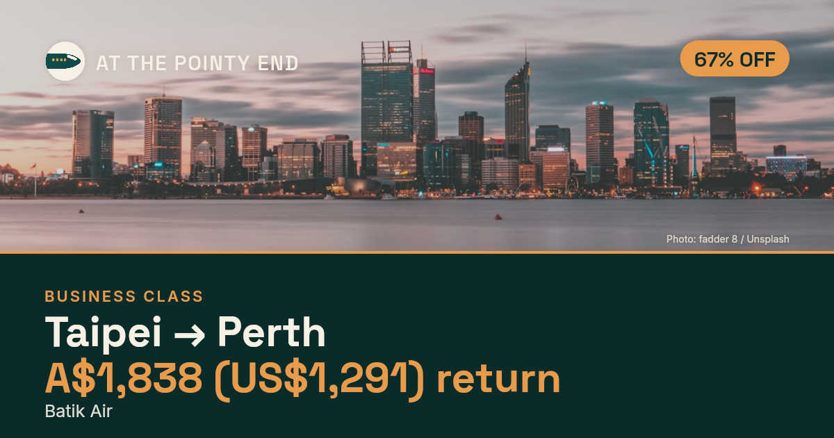 Business return to Perth from US$1,291, about 67% off. Checked against live availability.