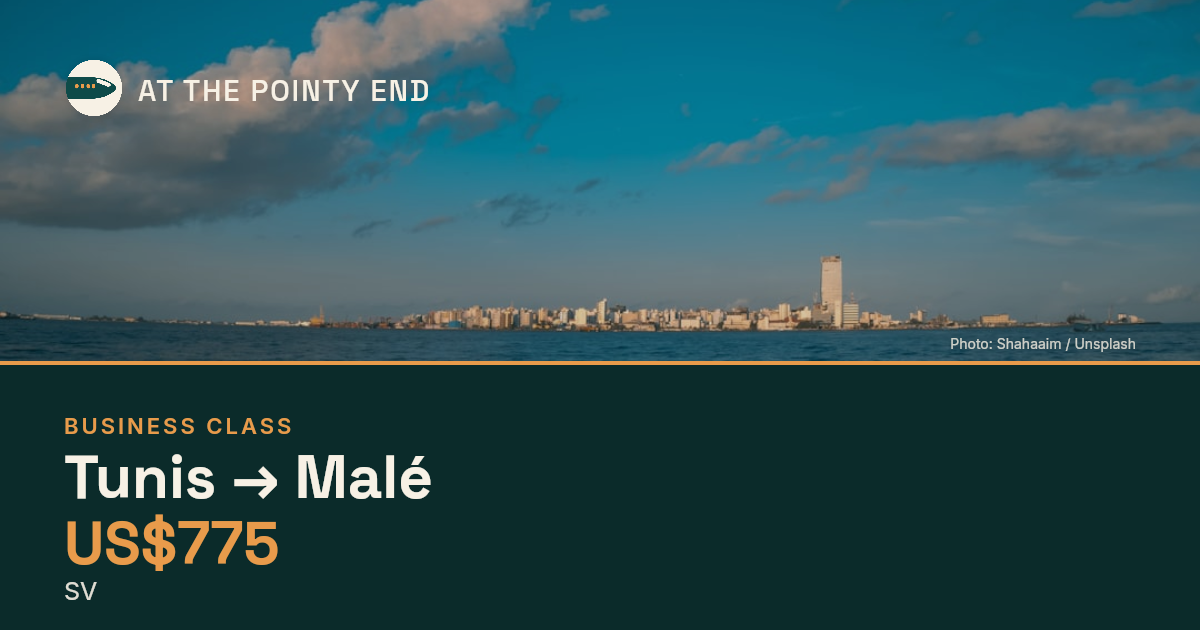 Business one-way to Malé from US$775. Checked against live availability.