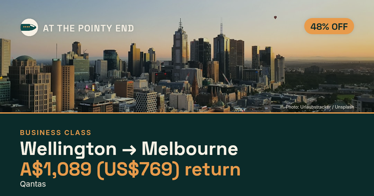 Business return to Melbourne from US$769, about 48% off. Checked against live availability.