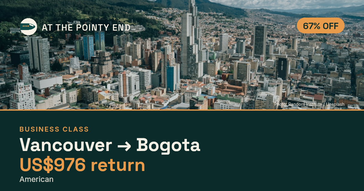Business return to Bogota from US$976, about 67% off. Checked against live availability.