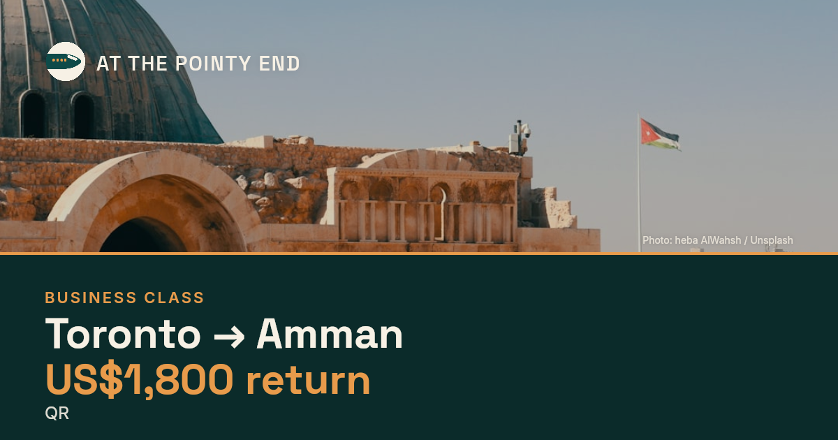 Business return to Amman from US$1,800, well below typical. Checked against live availability.