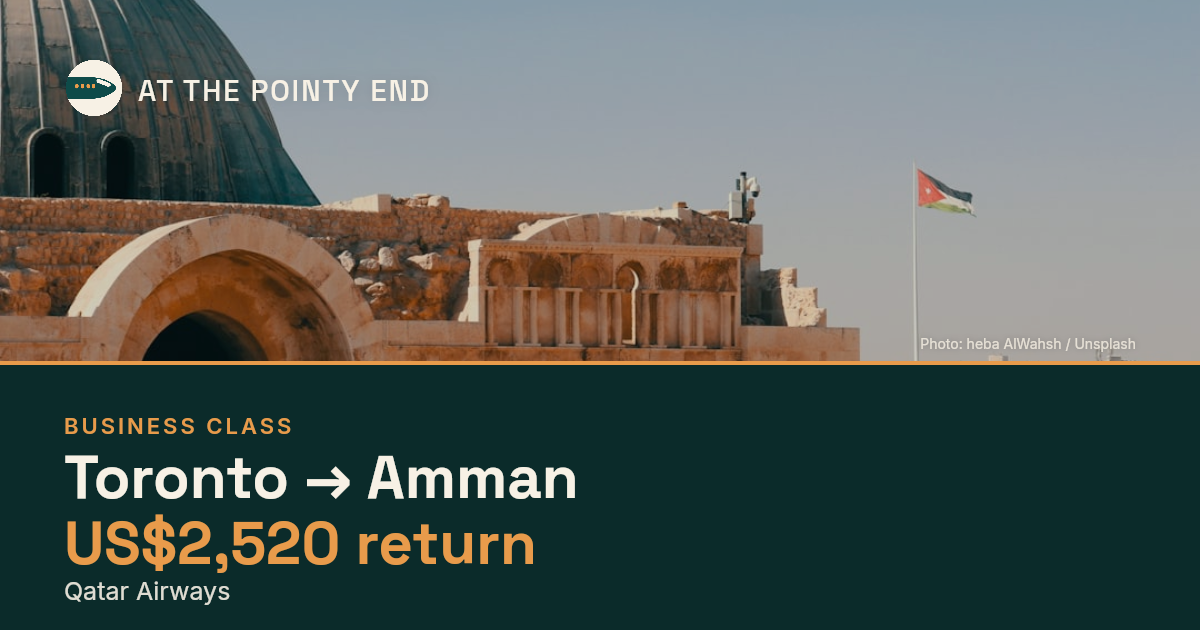 Business return to Amman from US$2,520, well below typical. Checked against live availability.
