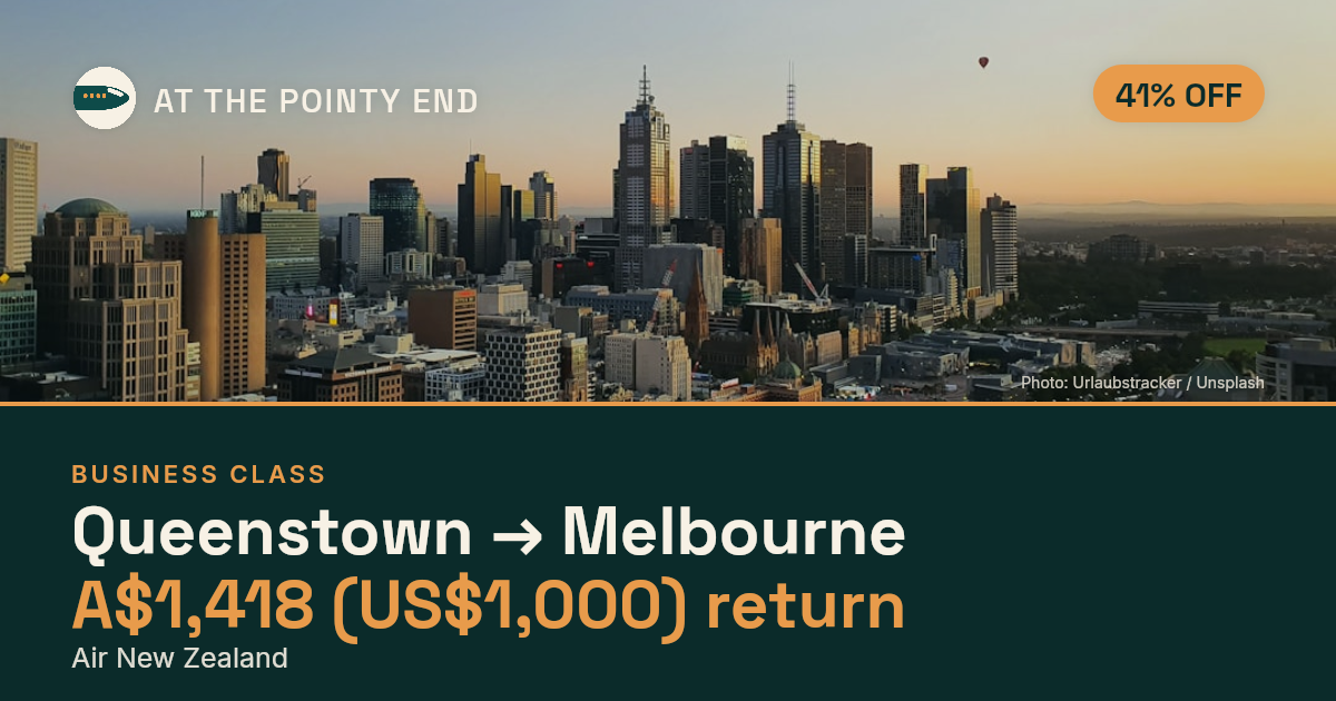 Business return to Melbourne from US$1,000, about 41% off. Checked against live availability.