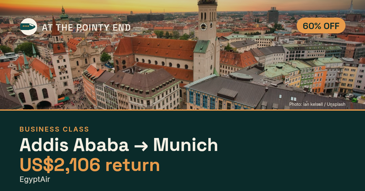 Business return to Munich from US$2,106, about 60% off. Checked against live availability.